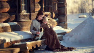 Woman child bench logcabin snow - anka zhuravleva free wallpaper for desktop