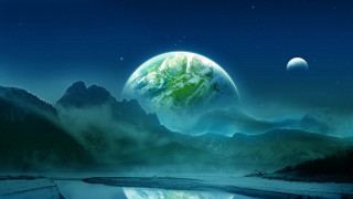 Planet mountains lake moon aurora - a painting of a planet free wallpaper
