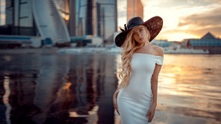 Woman white dress hat sunset - a white dress and hat free wallpaper
