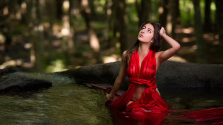 Woman red dress river woods - closed free wallpaper