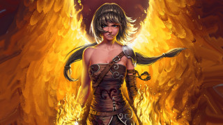 Woman sword fire angel autumn - epic fantasy character art free wallpaper