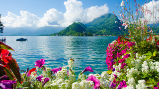 Lake flowers mountains boat sky - flower and trees free wallpaper