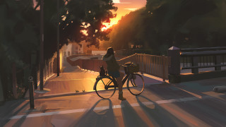 Woman bike sunset bridge city - plein air free wallpaper