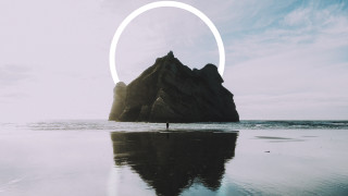 Beach person ring mountain sky - minimalist free wallpaper for desktop