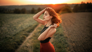 Woman red skirt field hair - a red skirt free wallpaper