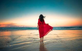 Woman red dress beach sunset 4 - woman free wallpaper for desktop
