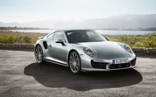 Silver porsche lake mountains digital - a lake and mountains free wallpaper