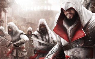 Group men hooded swords city - the window free wallpaper for desktop