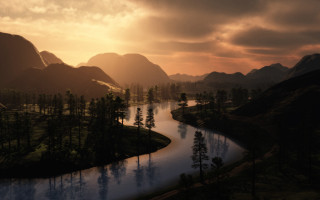 River forest sunset mountains cityscape - the background and a forest free wallpaper