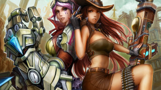 Fantasy steampunk girls robot city - a couple of women free wallpaper
