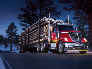 Red semi truck hauling logs - the ground and trees free wallpaper