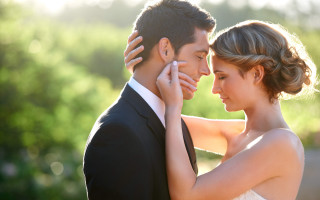 Bride groom sunset portrait bokeh - a bride and groom free wallpaper