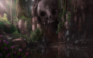 Skull forest flower stream vines - matte fantasy painting free wallpaper for desktop