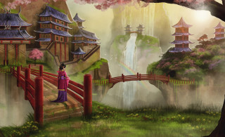 Woman purple dress bridge waterfall - a purple dress free wallpaper