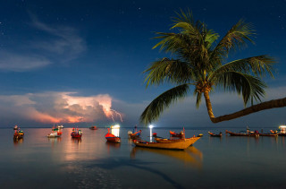 Boats water palm night clouds - thunderstorm free wallpaper