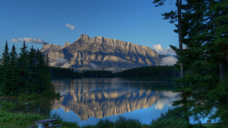Mountain reflection lake trees bench - douglas robertson bisset free wallpaper