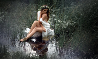 Woman white dress pond flowers - grass free wallpaper for desktop