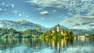 Lake island church mountains arts - free landscape wallpaper