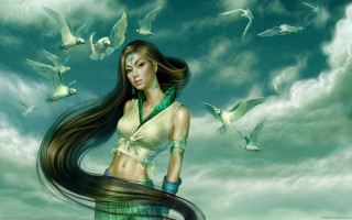 Long hair woman birds fantasy - a flock of birds free wallpaper