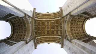 Ceiling view building bridge clock - wide angle len free wallpaper