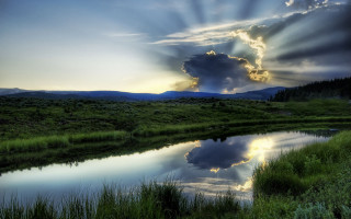 River sky clouds sunrays grass - cloud and sun rays free wallpaper
