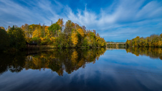 Lake bridge trees sky clouds - bruno liljefors free wallpaper
