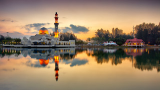 Mosque sunset lake reflection trees - the water and trees free wallpaper
