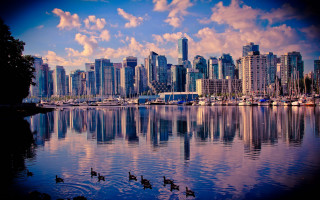 City skyline lake ducks clouds - vancouver school free wallpaper