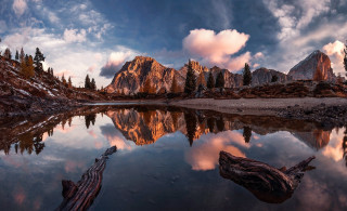 Mountain lake forest bridge sunset 3 - reflection free wallpaper for desktop