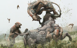 Couple animals grass birds attack - biopunk free wallpaper