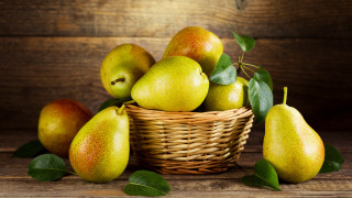 Pears basket wooden table leaves - a wooden background free wallpaper