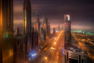 Afrofuturism cityscape bridge streetlights tower - the background and a street light in the foreground free wallpaper