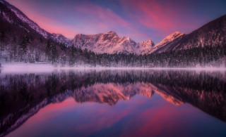 Mountain reflection sunset pink sky - mystical free wallpaper for desktop