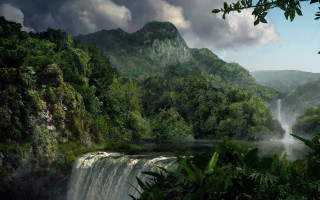 Waterfall forest matte painting nature - a waterfall in the middle of a forest free wallpaper
