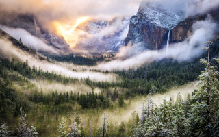 Mountain valley waterfall fog forest - a mountain valley free wallpaper