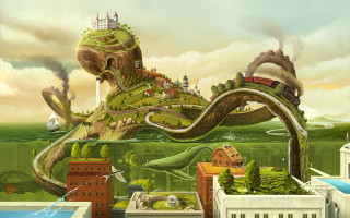City train snake bridge fantasy - a painting of a city free wallpaper