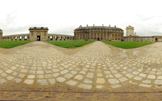 Clocktower greenfield bench christopherwren ultrawide - a bench in the foreground free wallpaper
