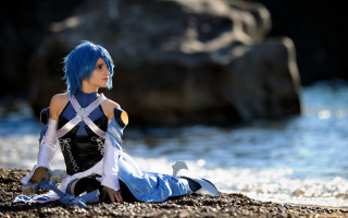 Blue haired woman beach cosplay - the beach next free wallpaper