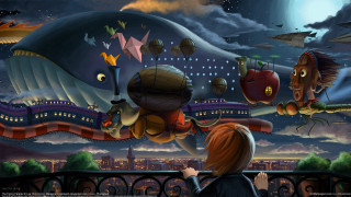 Woman whale flying creatures city - a whale free wallpaper