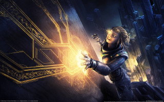 Futuristic woman glowing object aleksibriclot - a futuristic suit holding free wallpaper for desktop