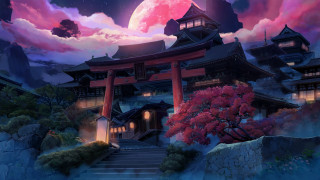 Japanese temple full moon pink - anton fadeev free wallpaper