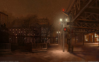Snowy night streetlight cityscape bridge - a street light free wallpaper