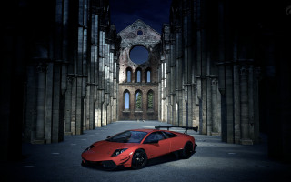 Red sports car cathedral night - baroque free wallpaper