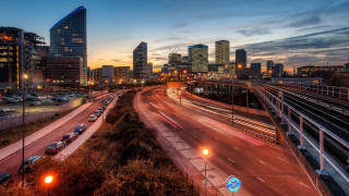 City skyline highway bridge dusk - christopher wren free wallpaper