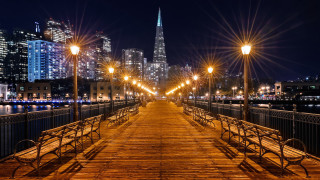 Wooden walkway city lights bridge - city free wallpaper