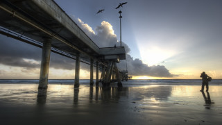 Beach pier sunset birds mountains - hdr free wallpaper