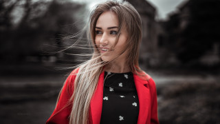 Woman longhair field redjacket portrait - a red jacket free wallpaper