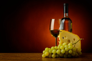 Wine cheese grapes bottle still - synthetism free wallpaper