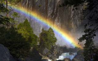 Rainbow waterfall river forest mountain - rim light free wallpaper