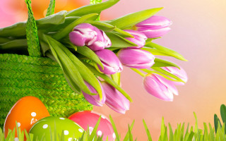 Basket pink flowers eggs grass - egg free wallpaper
